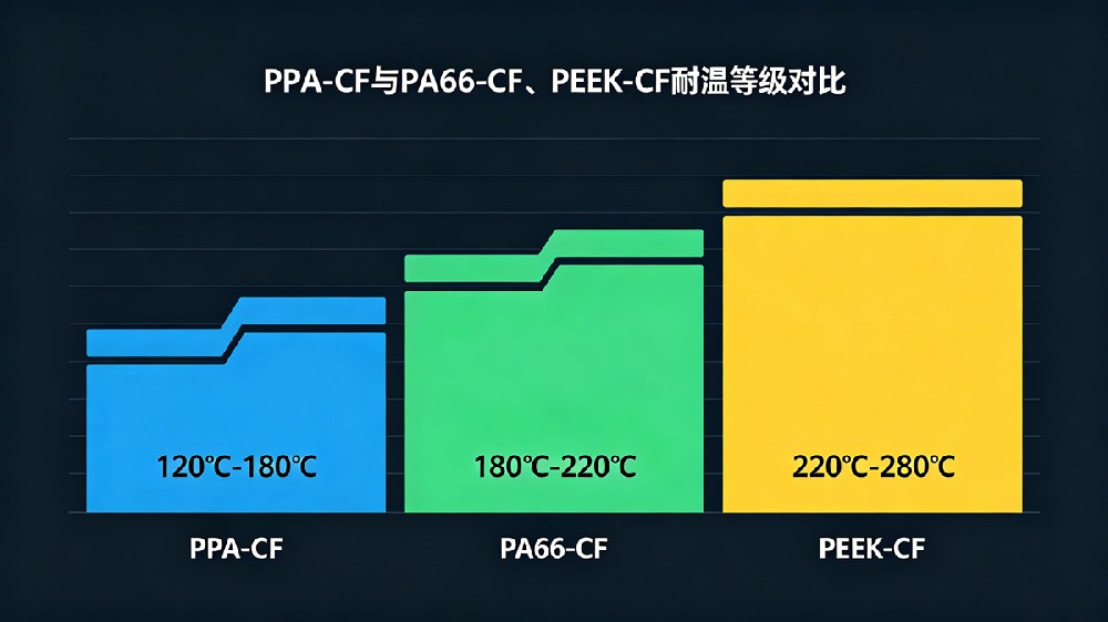 PPA-CF与PA66-CF、PEEK-CF耐温等级对比
