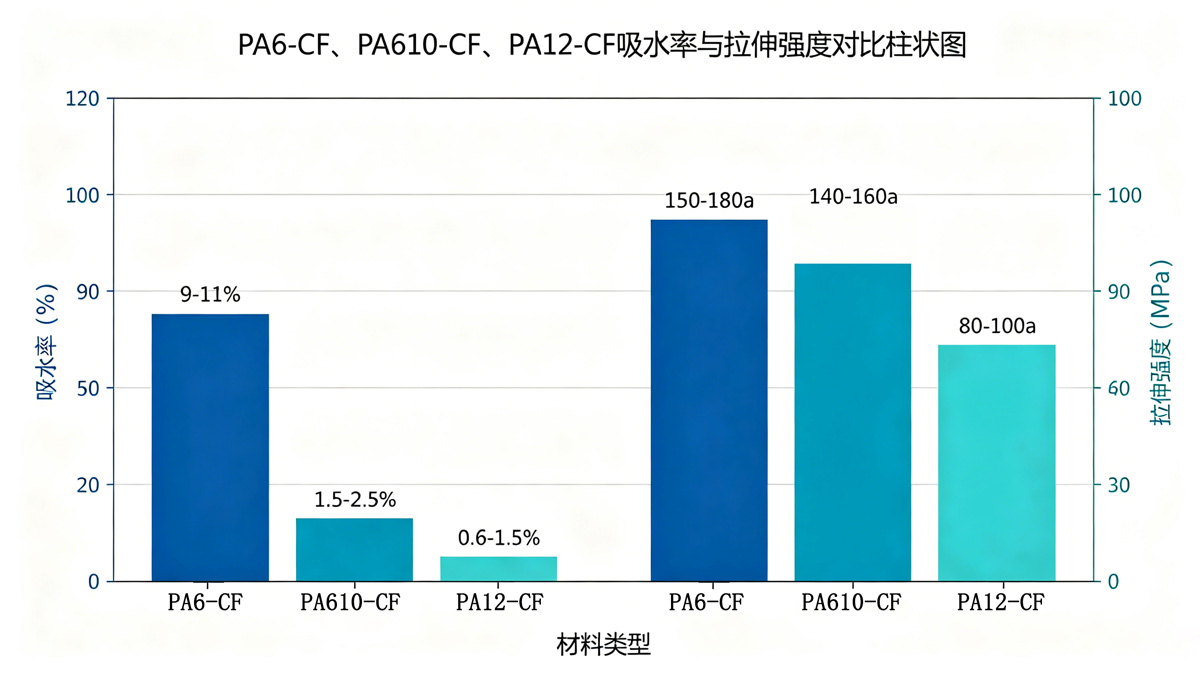PA6-CF、PA610-CF、PA12-CF吸水率与拉伸强度对比 PA6-CF、PA610-CF、PA12-CF吸水率与拉伸强度对比