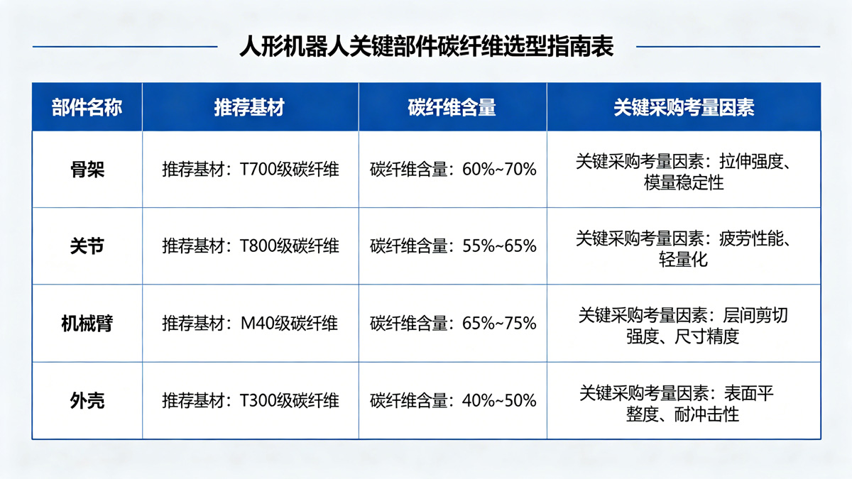 人形机器人关键部件碳纤维选型指南表 人形机器人关键部件碳纤维选型指南表