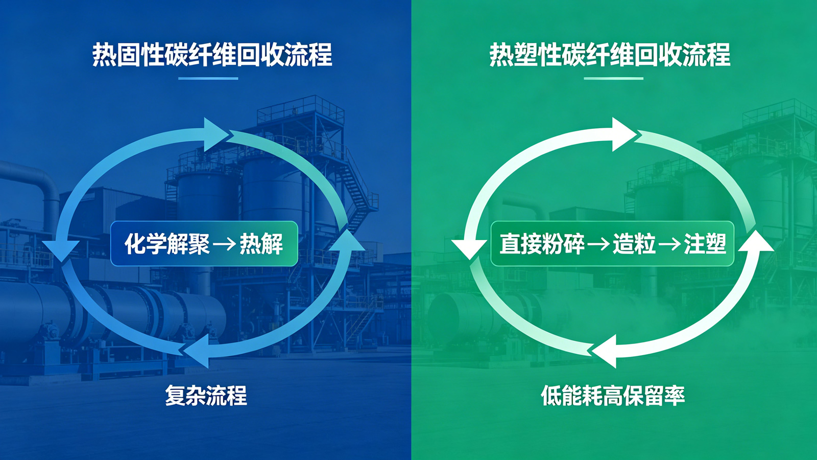 固性和热塑性碳纤维回收流程对比图 固性和热塑性碳纤维回收流程对比图
