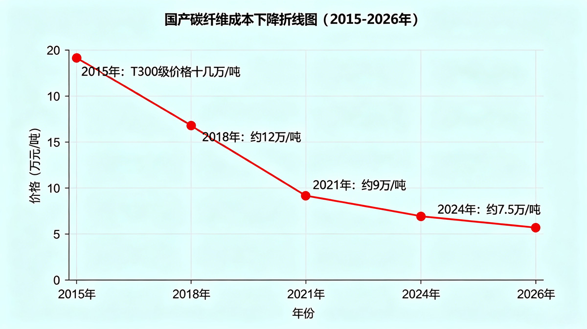 国产碳纤维成本下降折线图 国产碳纤维成本下降折线图