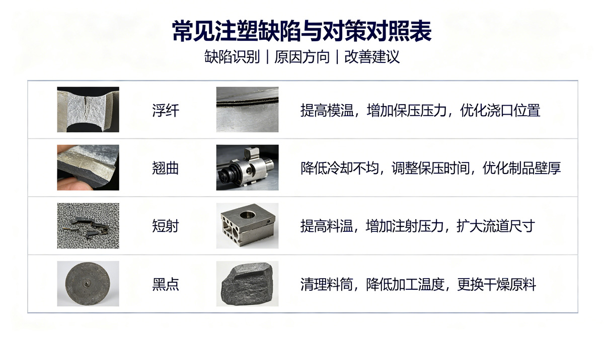 PA6-CF常见注塑缺陷与对策对照表图 PA6-CF常见注塑缺陷与对策对照表图