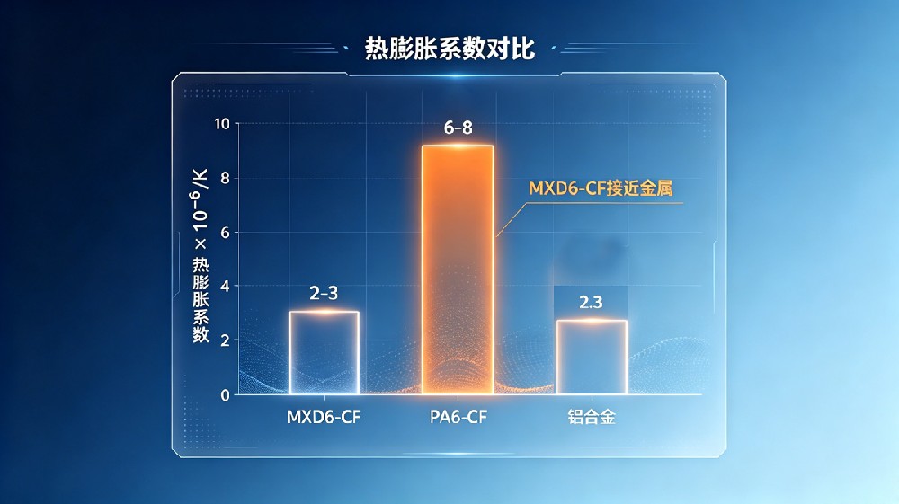 MXD6-CF-vs-PA6-CF-vs-铝合金热膨胀系数对比柱状图 MXD6-CF-vs-PA6-CF-vs-铝合金热膨胀系数对比柱状图