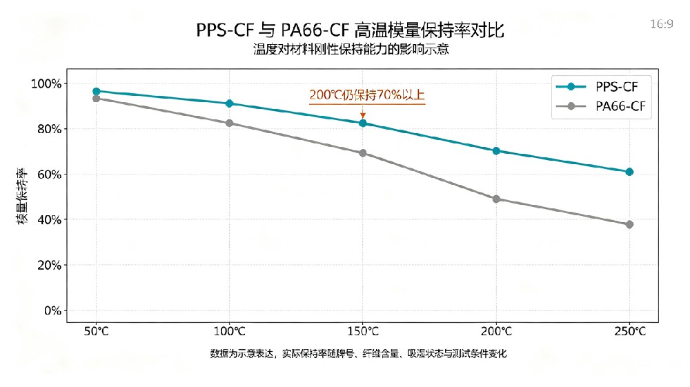 PPS-CF与PA66-CF高温模量保持率对比 PPS-CF与PA66-CF高温模量保持率对比