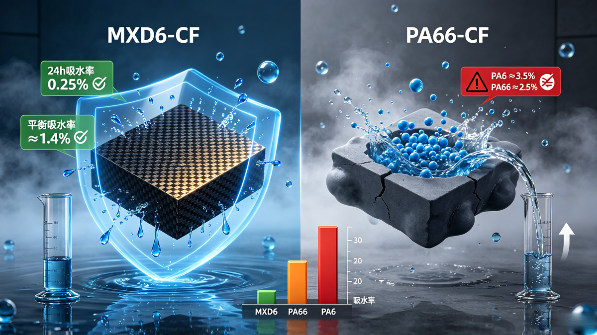 MXD6-CF与PA6-CF、PA66-CF吸水率