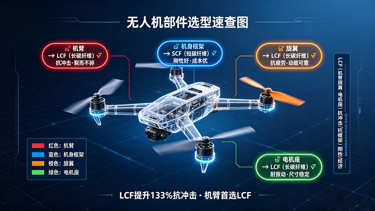 机臂→LCF、机身框架→SCF、旋翼→LCF、电机座→LCF