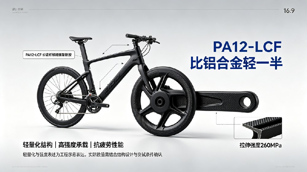 PA12-LCF自行车车架与曲柄应用实物图