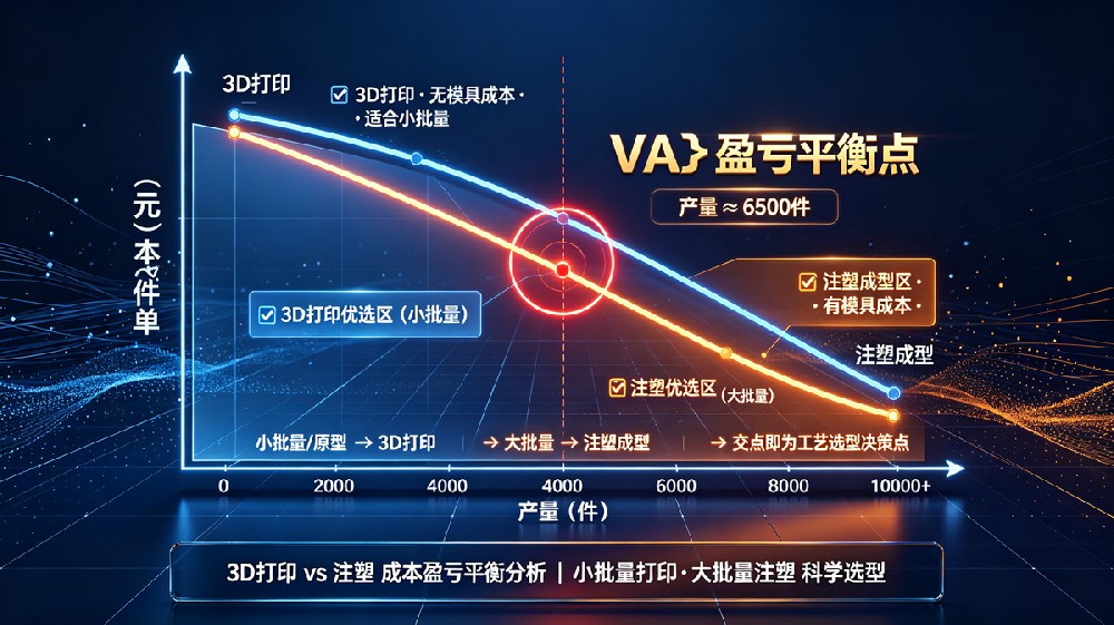 碳纤维3D打印与模具注塑成本盈亏平衡点曲线图