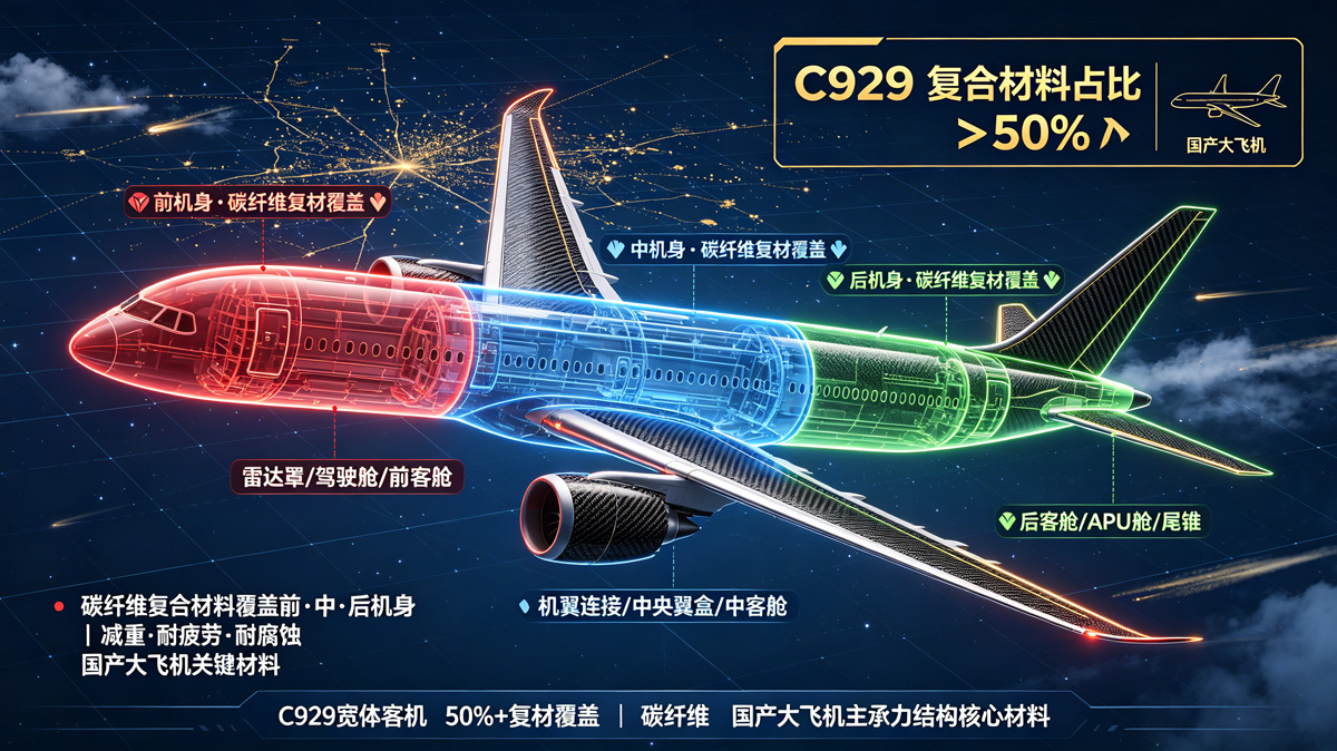 C929宽体客机碳纤维应用部位分布图